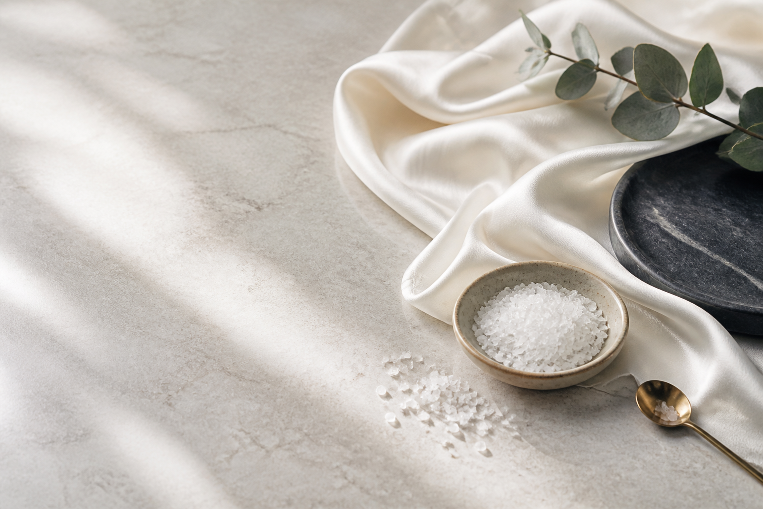 Salt & Silk Group still life with silk, salt, stone, and warm coastal light.