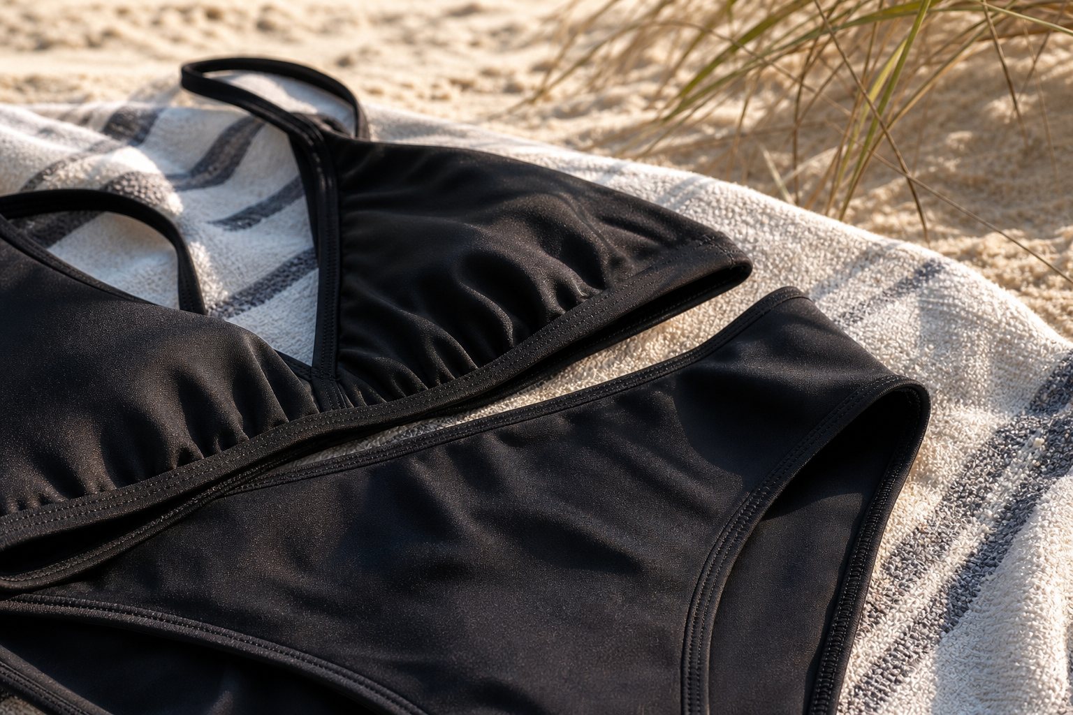 Black Siren-Silk swim fabric detail on a beach towel in South Jersey sunlight.