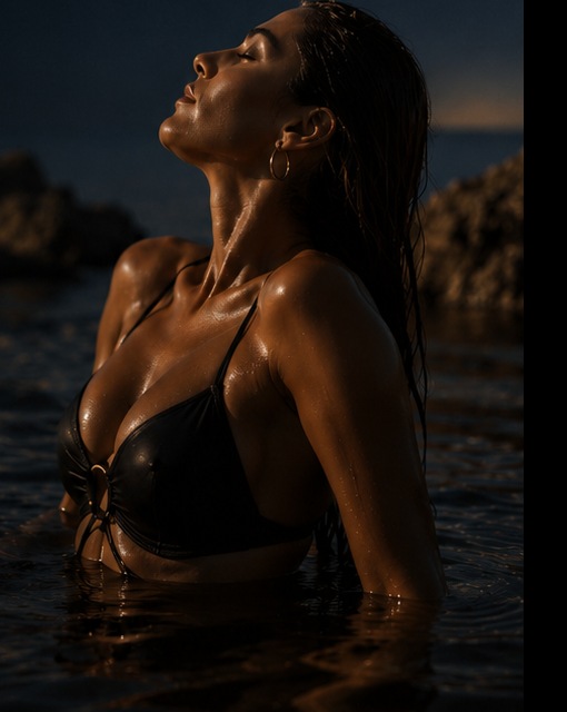 Siren-Silk visual direction with black swimwear in dark coastal water.